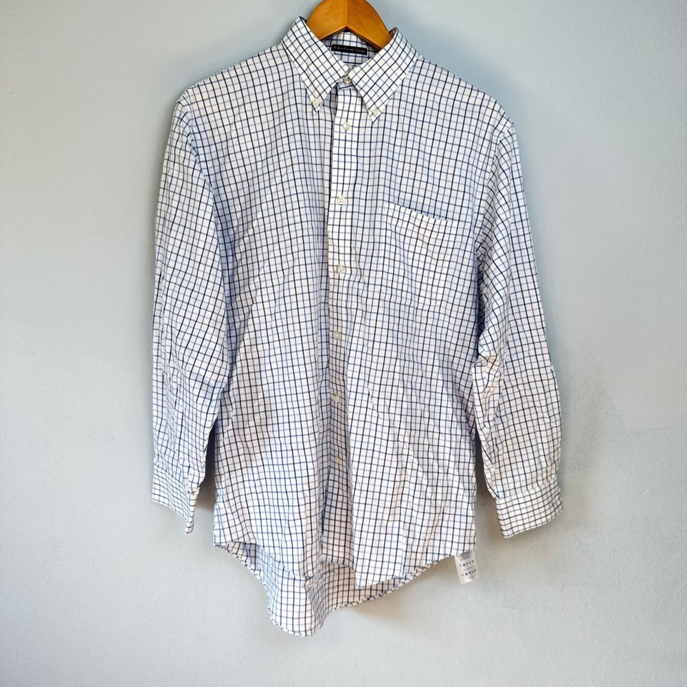 Lands End Mens White Blue No Iron Pinpoint Oxford Windowpane Shirt 16-33